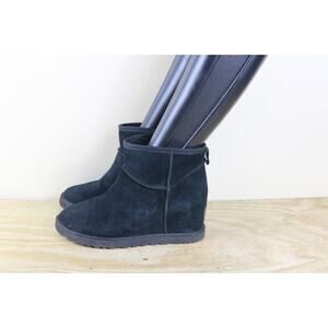 UGG Boots 9 Black Suede Sheepskin Shearling Lined UGG Classic Femme Mini Wedge